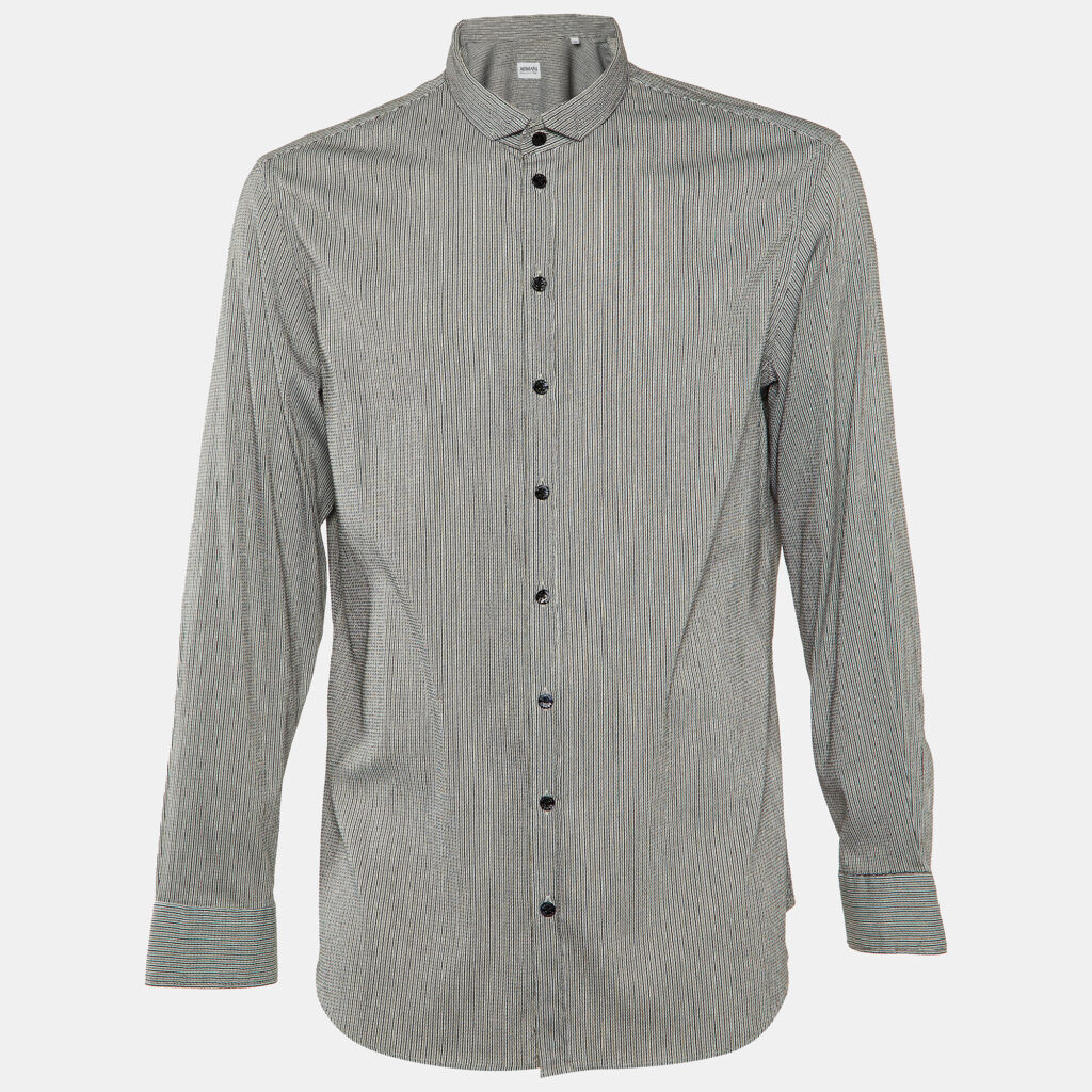 luxury-men-armani-collezioni-used-clothes-p1142277-003 Armani Collezioni Black Striped Seer Sucker Cotton Long Sleeve Shirt XL