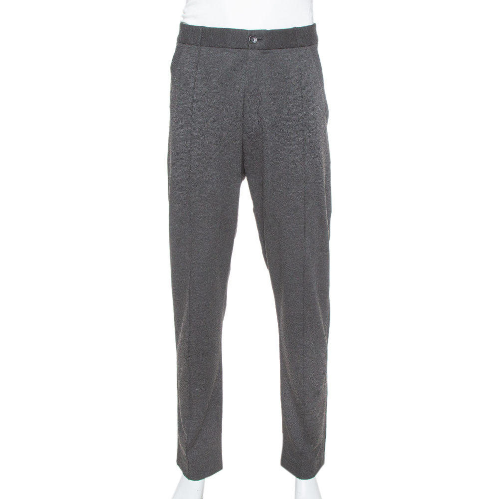 luxury-men-armani-collezioni-used-clothes-p381707-007 Armani Collezioni Dark Grey Knit Striped Pattern Tapered Trousers 3XL