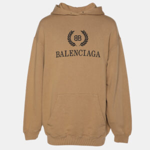 Balenciaga Light Brown Logo Printed Cotton Hoodie XS