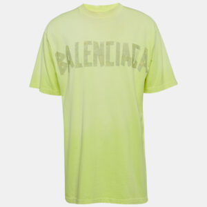 Balenciaga Unisex Florescent Yellow Tape Logo Print Jersey Oversized T-Shirt XXS