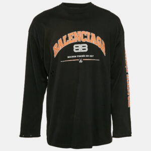 Balenciaga Black Logo Print Cotton Crew Neck Distressed Sweatshirt L