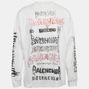 Balenciaga White Logo Print Cotton Full Sleeve Crew Neck T-Shirt L