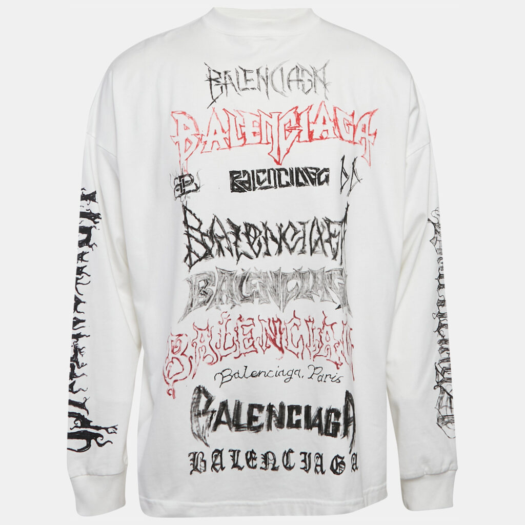 Balenciaga White Logo Print Cotton Full Sleeve Crew Neck T-Shirt L