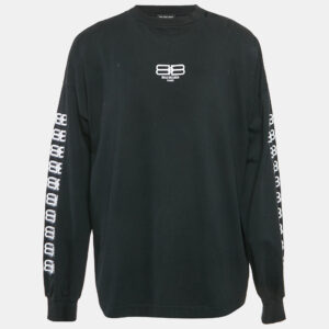 Balenciaga Black Logo Embroidered Cotton Distressed Long Sleeve T-Shirt L