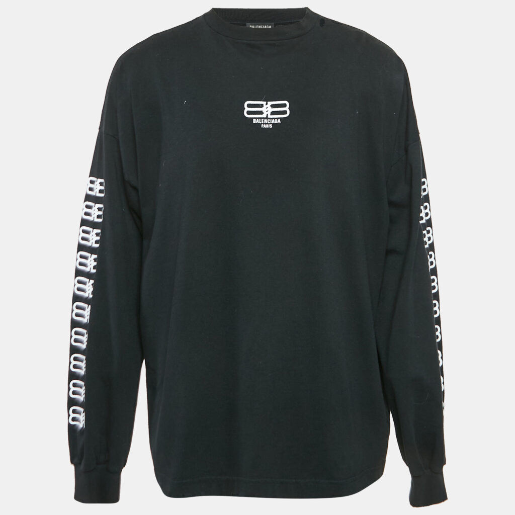 luxury-men-balenciaga-used-clothes-p1131108-002 Balenciaga Black Logo Embroidered Cotton Distressed Long Sleeve T-Shirt L
