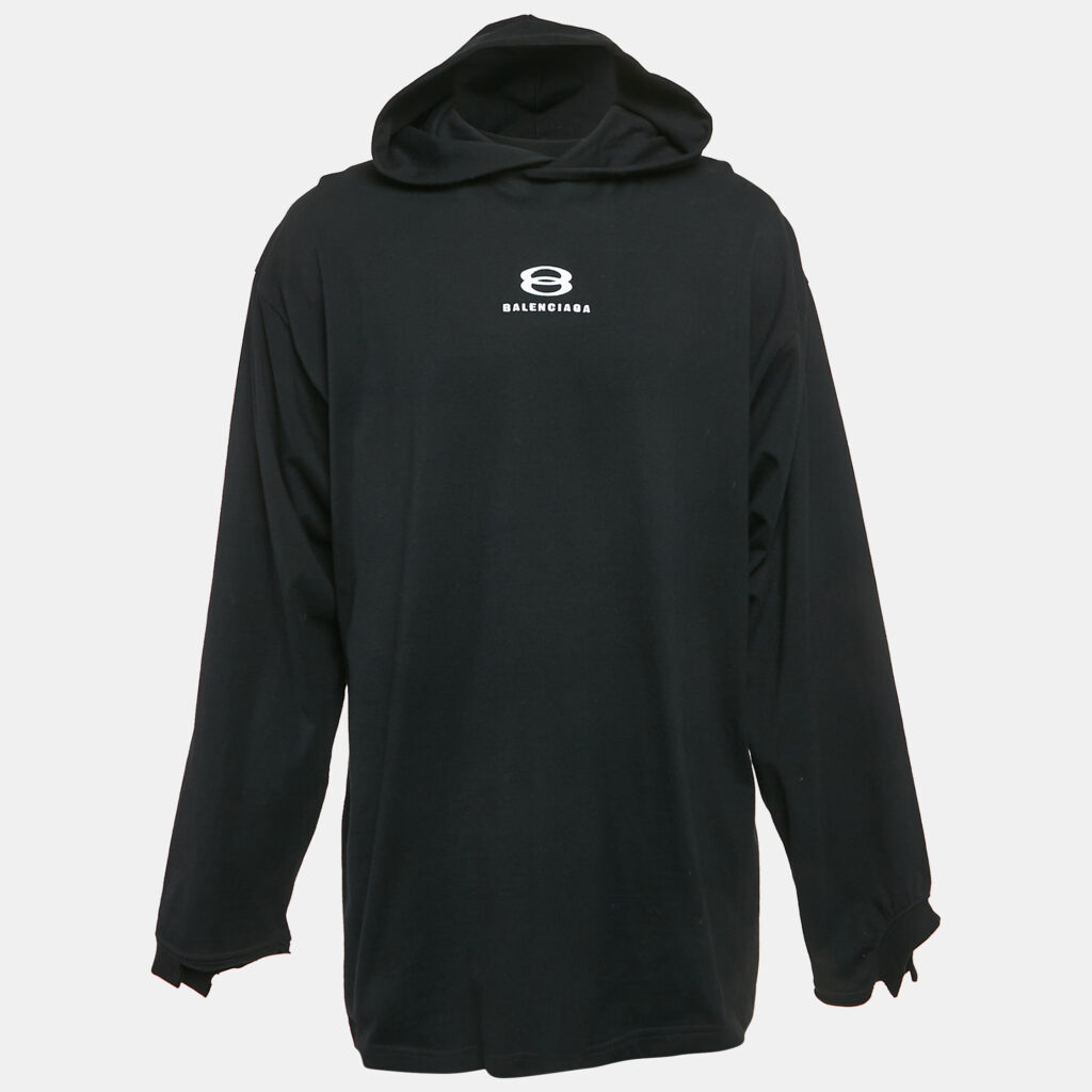 luxury-men-balenciaga-used-clothes-p1132108-002 Balenciaga Black Logo Embroidery Cotton Knit Oversized Hoodie M