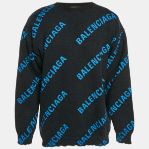 Balenciaga Blue Monogram Cotton Knit Crew Neck Sweater M