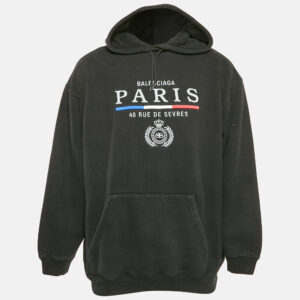 Balenciaga Black Logo Embroidered Cotton Knit Hoodie L