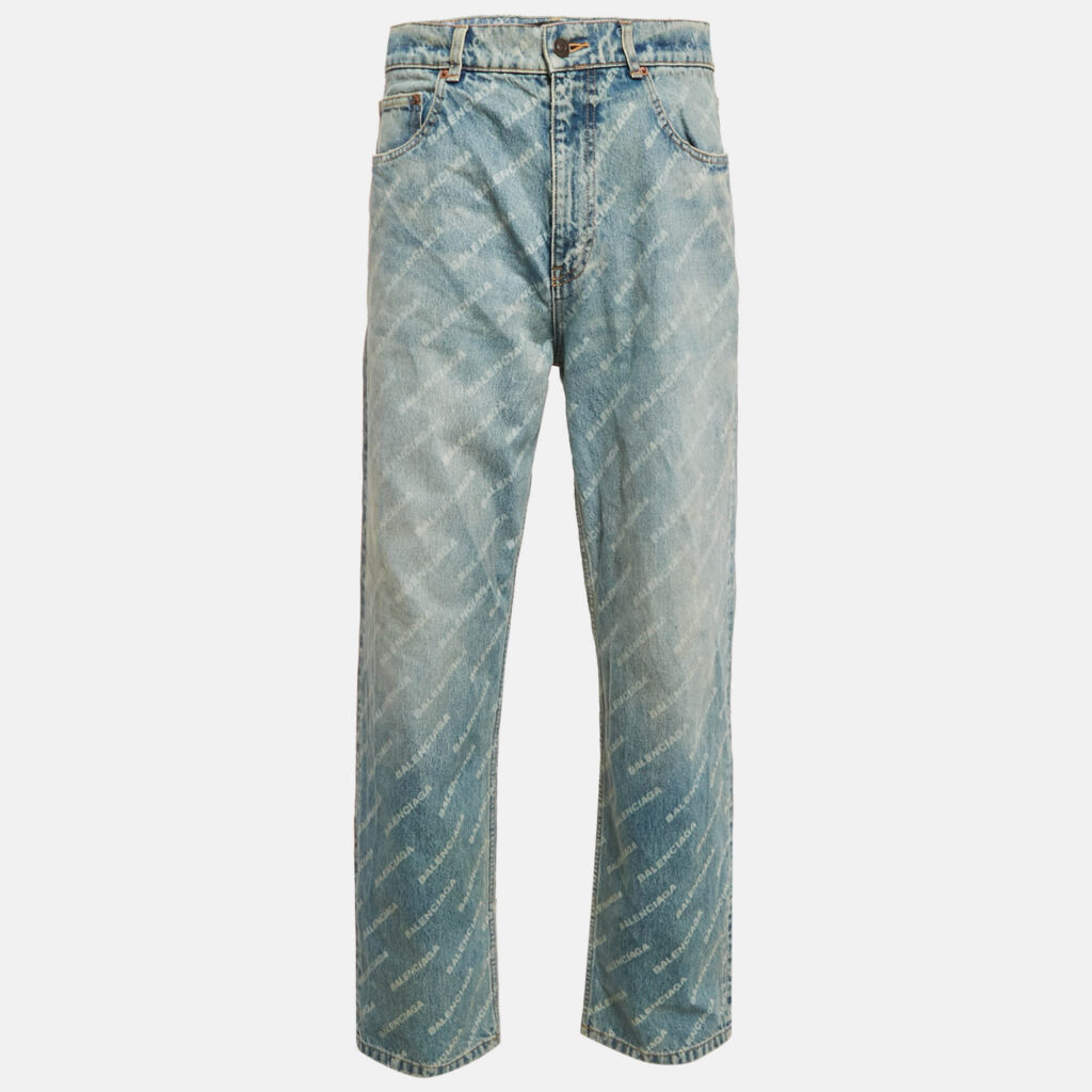 luxury-men-balenciaga-used-clothes-p1155026-001 Balenciaga Unisex Blue Logo Over All Faded Denim Straight Leg Jeans S Waist 30"