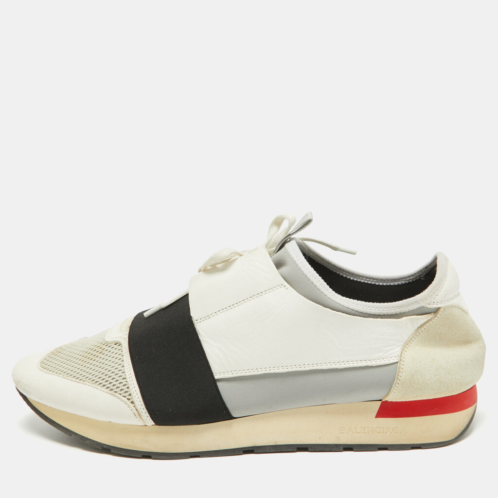 luxury-men-balenciaga-used-shoes-p1027946-001 Balenciaga White/Grey Leather and Mesh Race Runner Low Top Sneakers Size 44