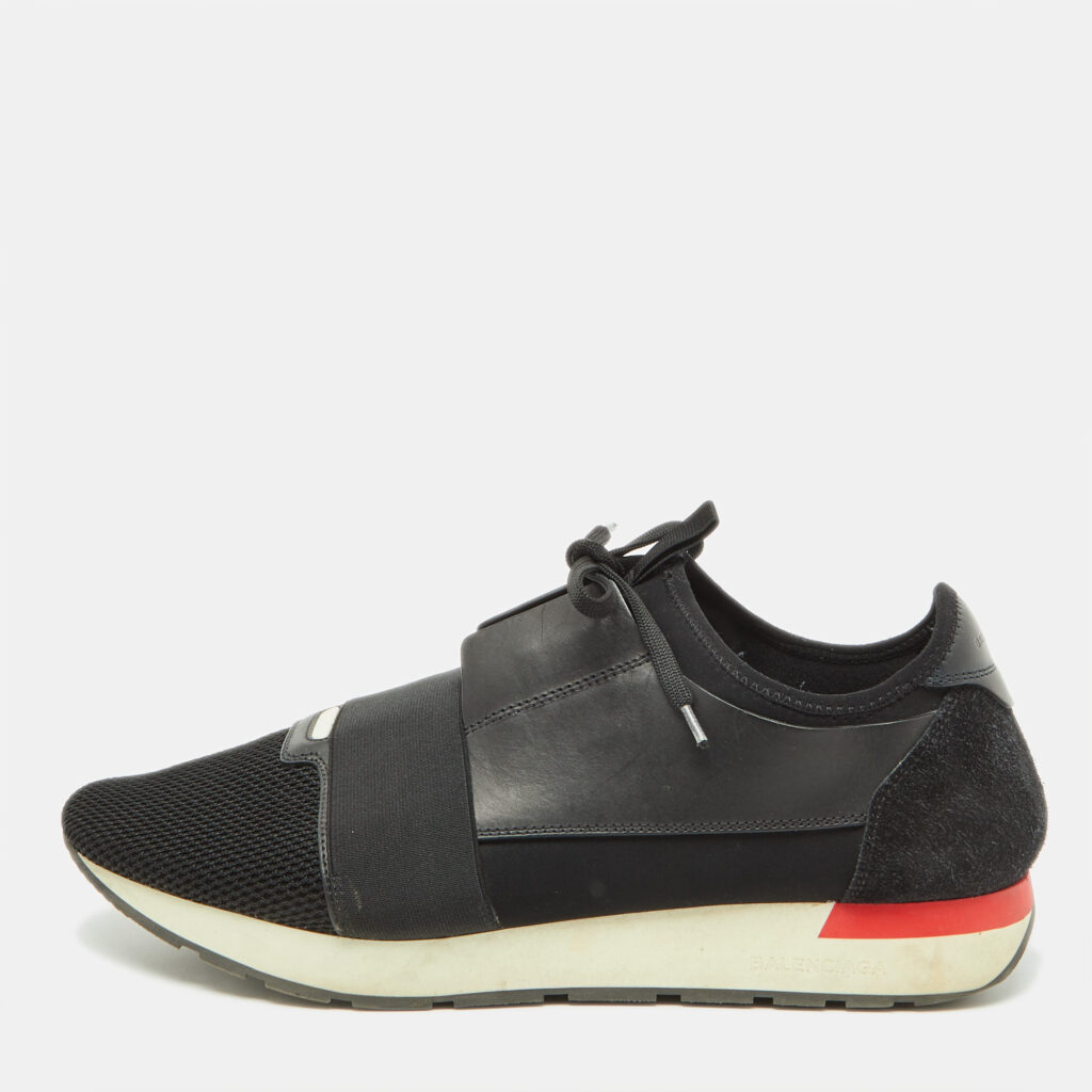 luxury-men-balenciaga-used-shoes-p1090425-001 Balenciaga Black Leather and Mesh Race Runner Sneakers Size 45