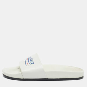 Balenciaga White Leather Political Logo Pool Slides Size 40
