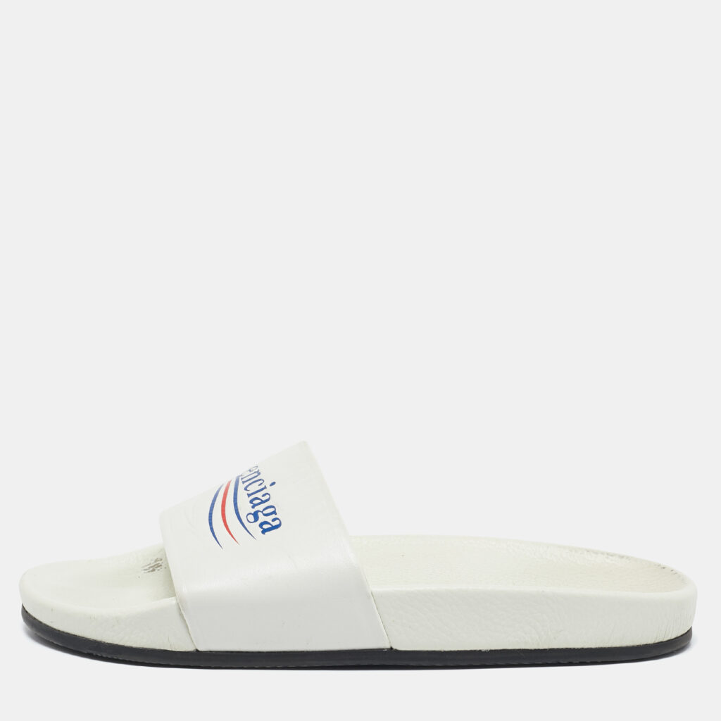 luxury-men-balenciaga-used-shoes-p1124135-001 Balenciaga White Leather Political Logo Pool Slides Size 40
