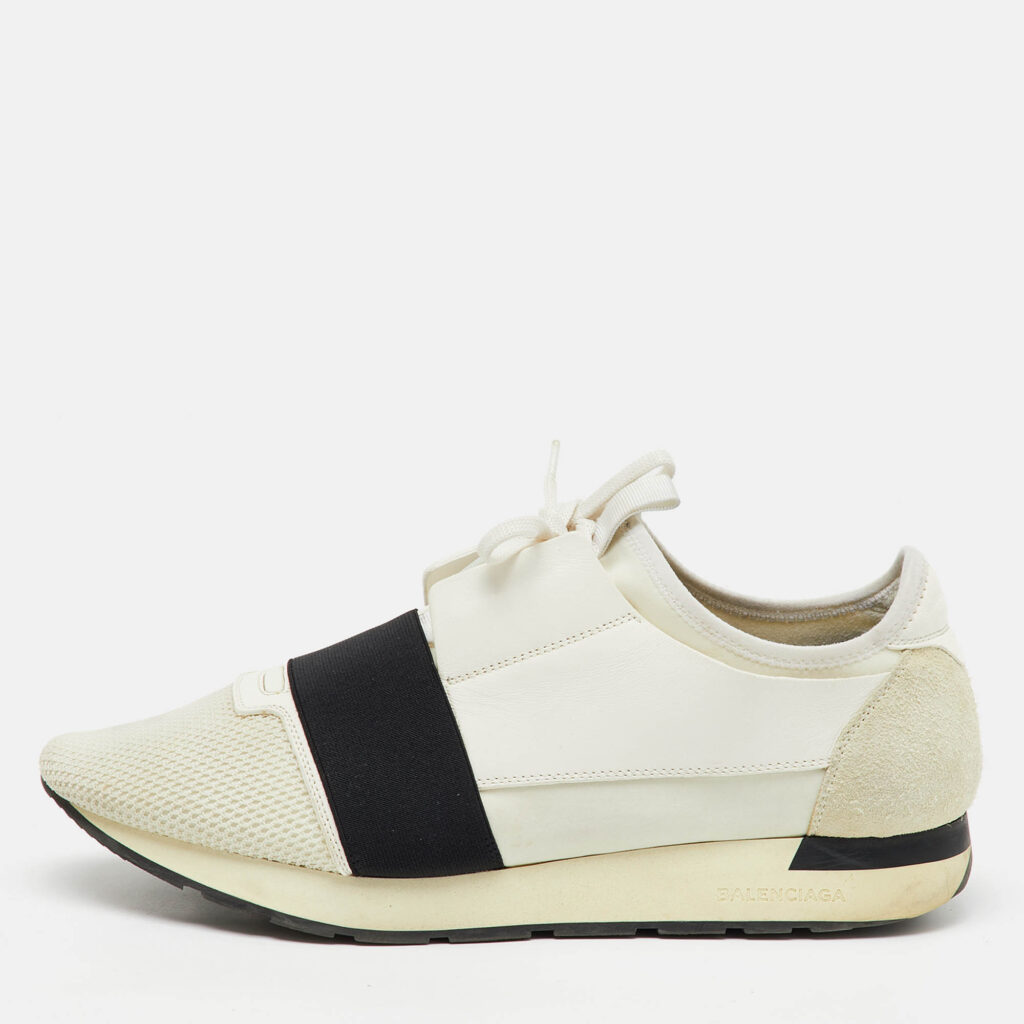 luxury-men-balenciaga-used-shoes-p1146620-010 Balenciaga White/Black Leather, Neoprene and Mesh Race Runner Sneakers Size 44