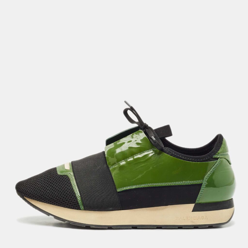 luxury-men-balenciaga-used-shoes-p1152757-002 Balenciaga Black/Green Patent Leather and Mesh Race Runner Sneakers Size 41
