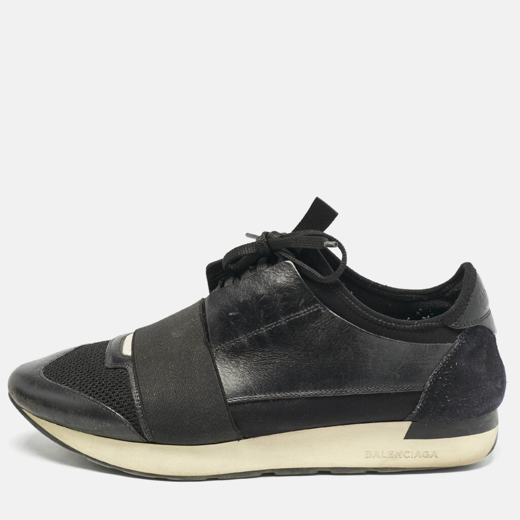 luxury-men-balenciaga-used-shoes-p1155316-010 Balenciaga Black Leather and Mesh Race Runner Sneakers Size 41