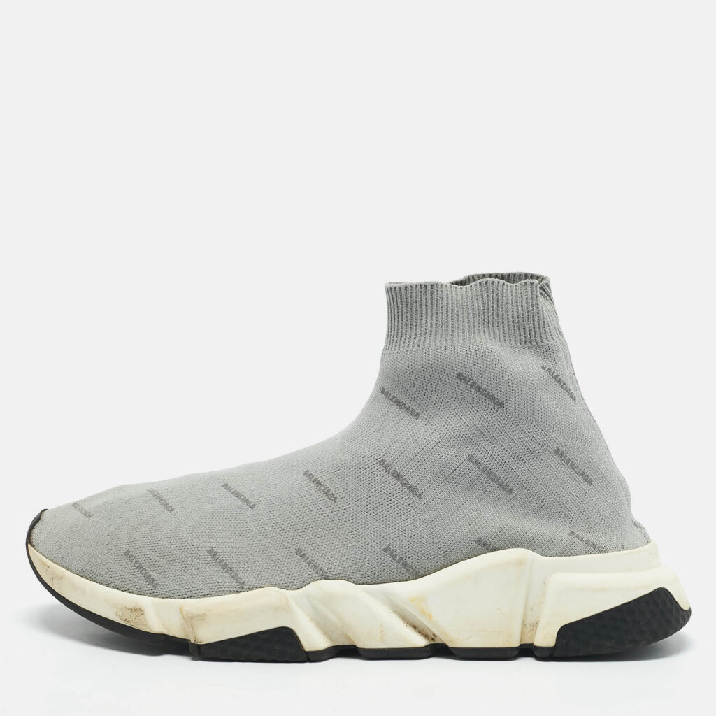 luxury-men-balenciaga-used-shoes-p1158709-010 Balenciaga Light Grey Knit Fabric Allover Logo Speed Trainer Slip On Sneakers Size 42