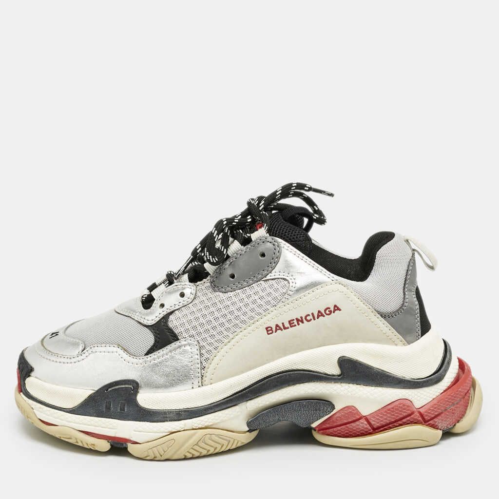 luxury-men-balenciaga-used-shoes-p1168335-008 Balenciaga Silver Leather and Mesh Triple S Sneakers Size 41