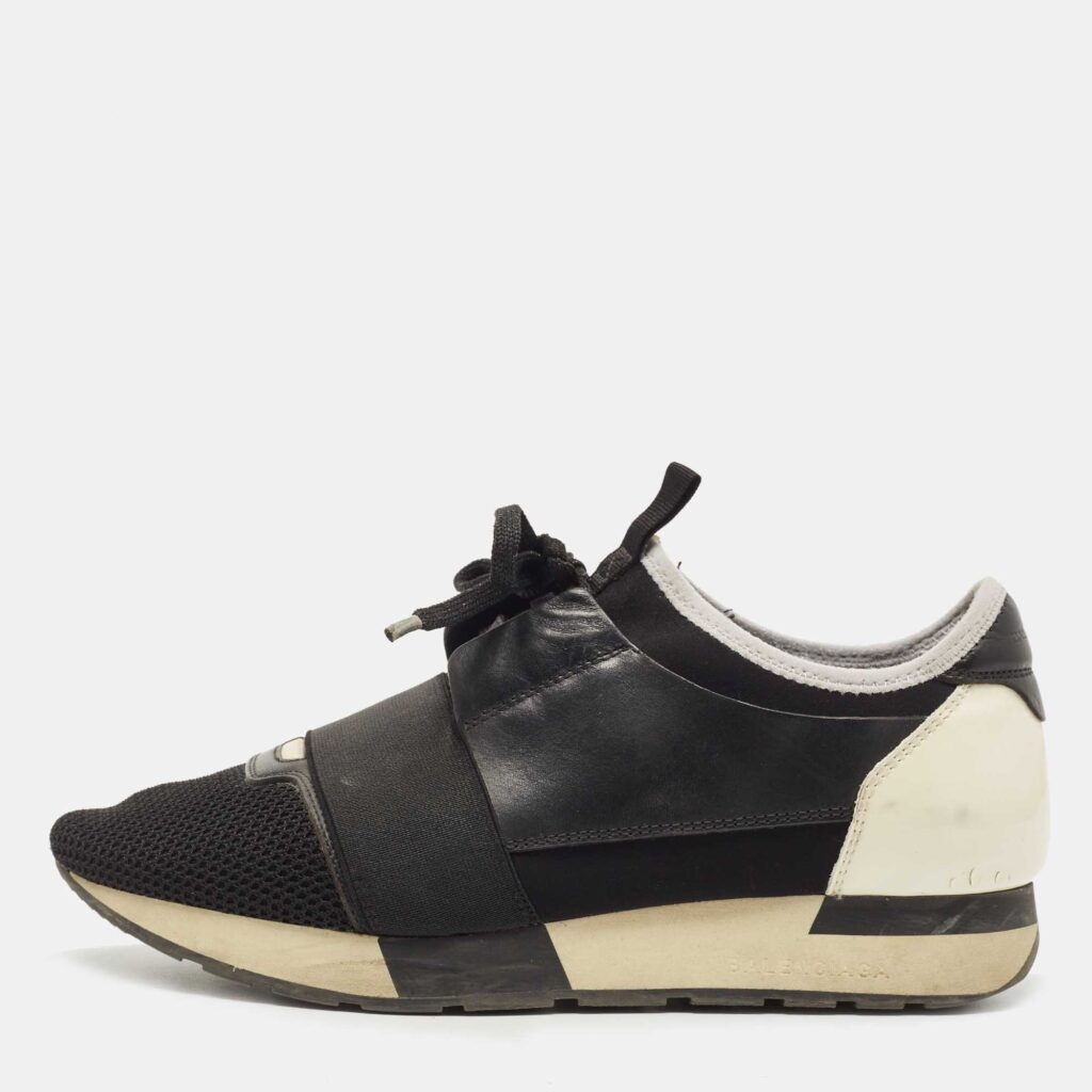 luxury-men-balenciaga-used-shoes-p860658-003 Balenciaga Black/White Leather,Mesh and Patent Race Runner Sneakers Size 39