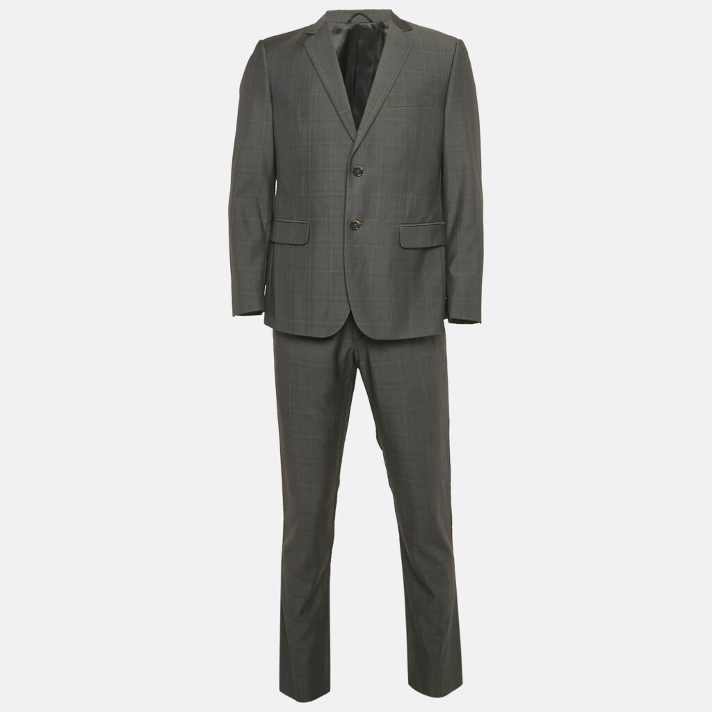 luxury-men-balmain-used-clothes-p1124244-001 Balmain Grey Plaid Wool Slim Fit Tailored Pants Suit M