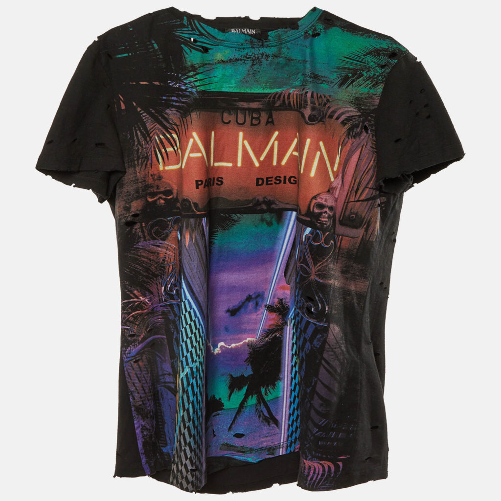 Balmain Black Cuba Printed Cotton Knit Distressed T-Shirt M