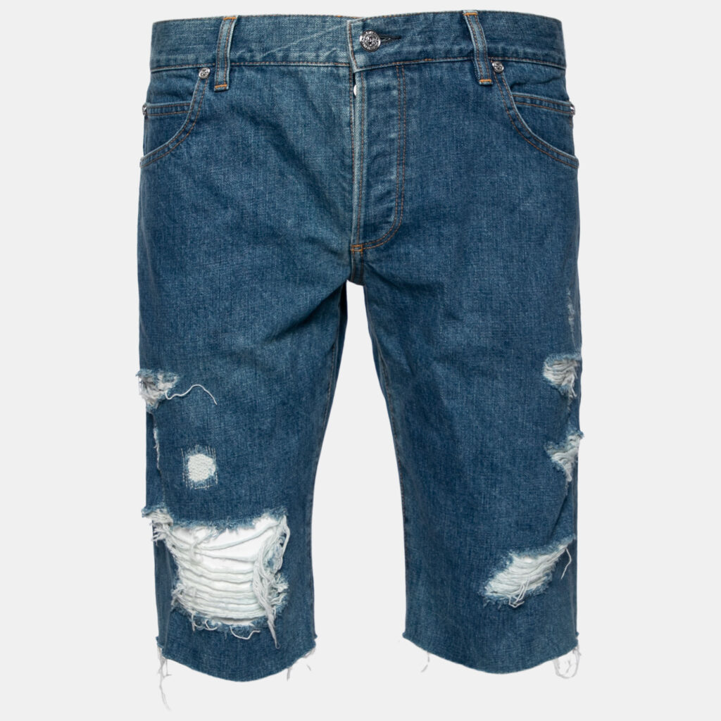 luxury-men-balmain-used-clothes-p625425-001-2 Balmain Blue Distressed Denim Frayed Edge Detail Shorts M