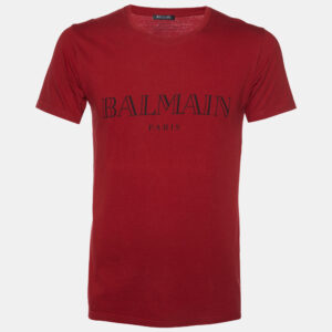 Balmain Red Logo Print Cotton Crew Neck T-Shirt XS