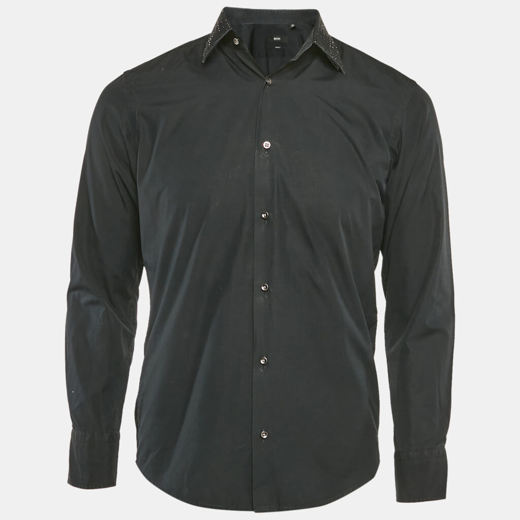 luxury-men-boss-by-hugo-boss-used-clothes-p1107134-007 Boss By Hugo Boss Black Two Ply Cotton Collar Embellished Shirt S