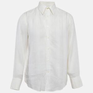 Boss By Hugo Boss White Striped Ramie Button Front Shirt L