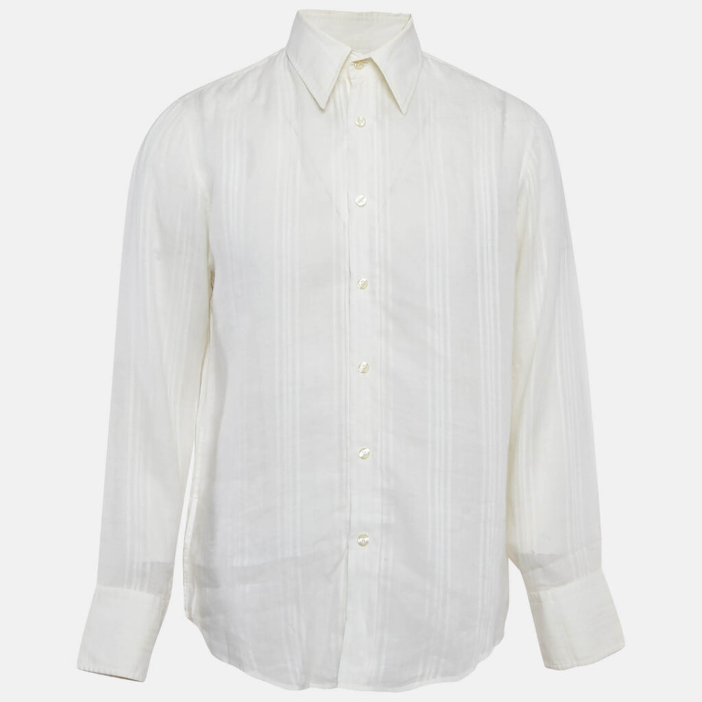 luxury-men-boss-by-hugo-boss-used-clothes-p1124010-004 Boss By Hugo Boss White Striped Ramie Button Front Shirt L