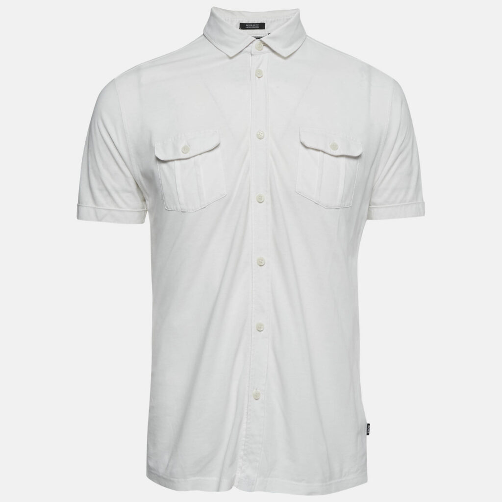 luxury-men-boss-by-hugo-boss-used-clothes-p1156028-001 Boss By Hugo Boss White Cotton Knit Button Front Lapra Shirt L