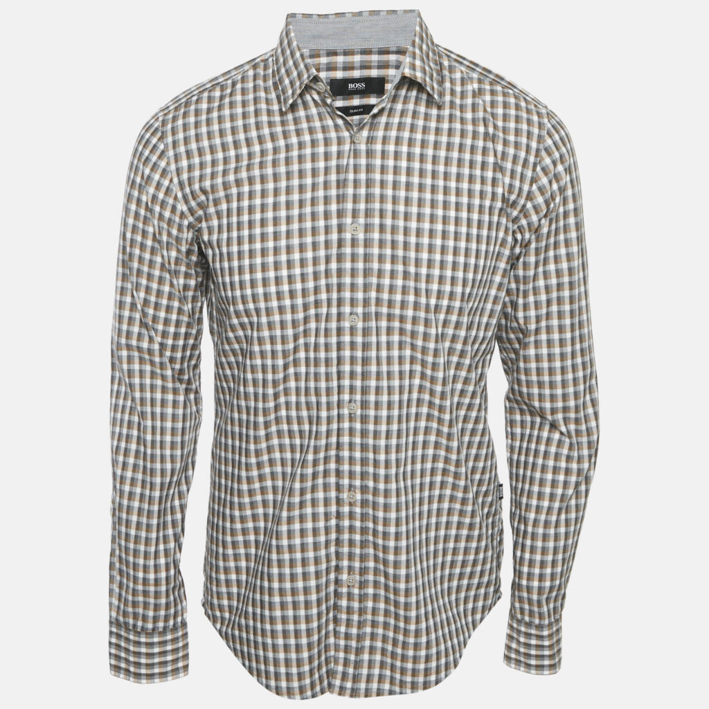luxury-men-boss-by-hugo-boss-used-clothes-p1169444-001 Boss By Hugo Boss Brown Checks Cotton Slim Fit Shirt M