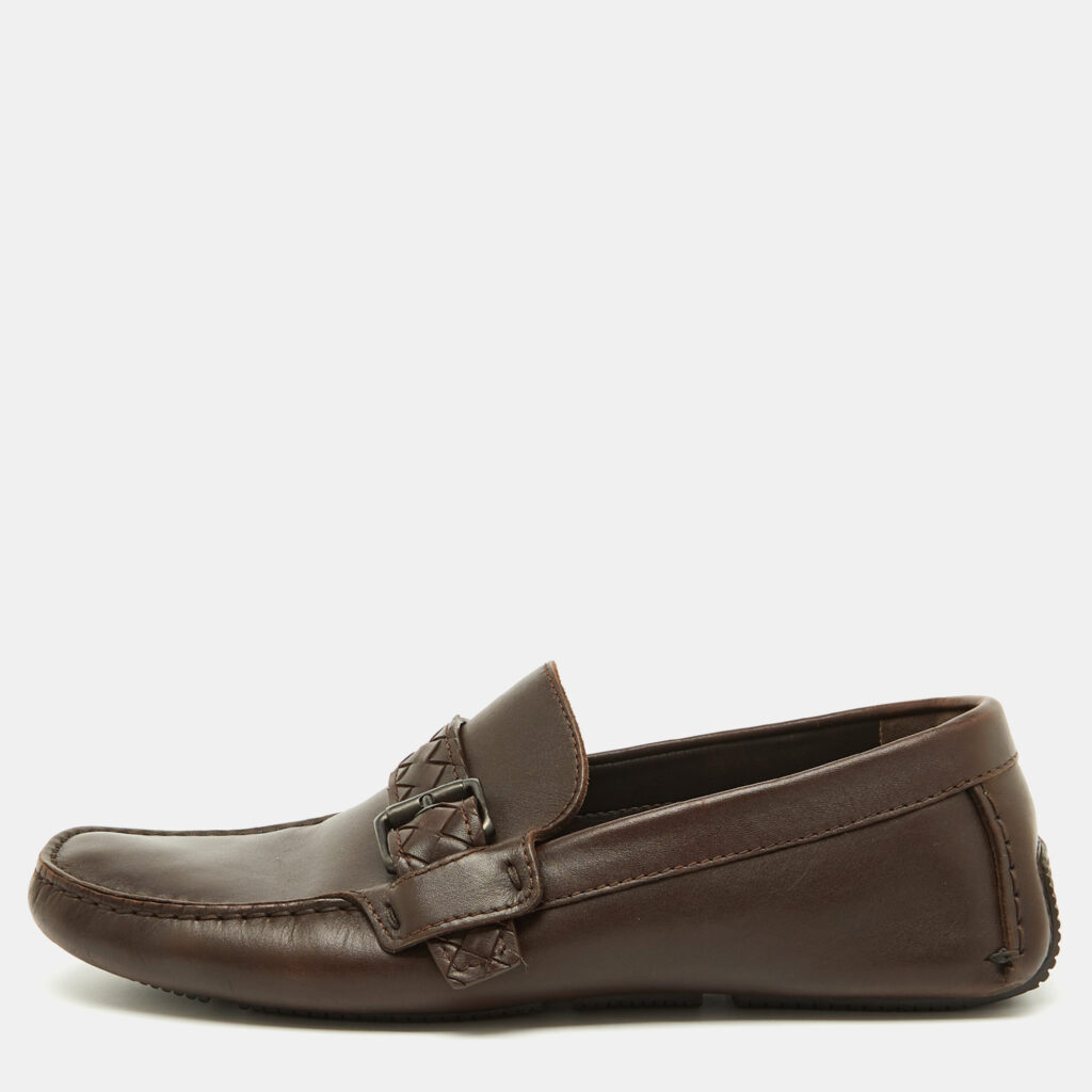 luxury-men-bottega-veneta-used-shoes-p1121007-009 Bottega Veneta Dark Brown Leather Intrecciato Buckle Slip On Loafers Size 42