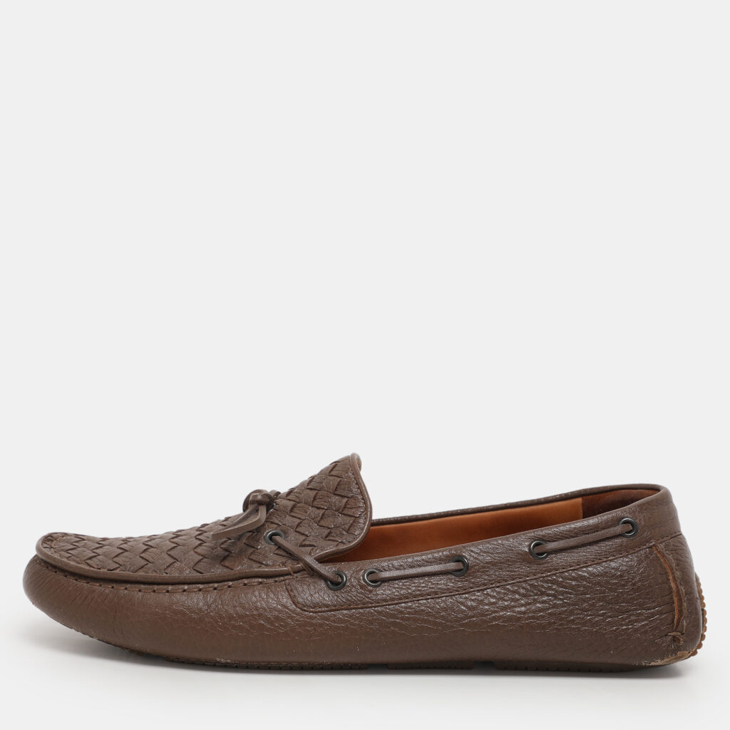 luxury-men-bottega-veneta-used-shoes-p1123951-001 Bottega Veneta Brown Leather Intrecciato Loafers Size 45