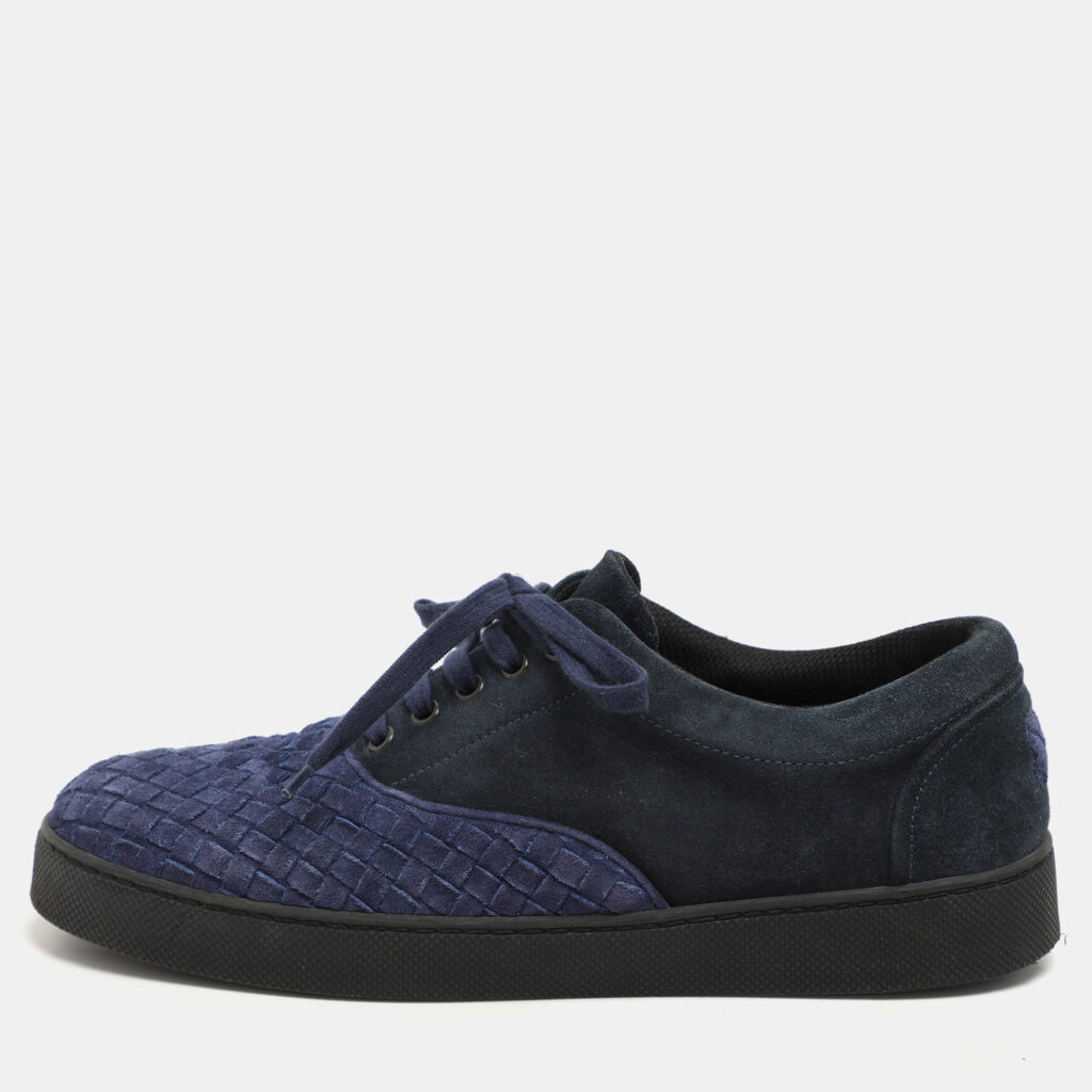 luxury-men-bottega-veneta-used-shoes-p1158413-007 Bottega Veneta Two Tone Blue Suede Intrecciato Low Top Sneakers Size 43
