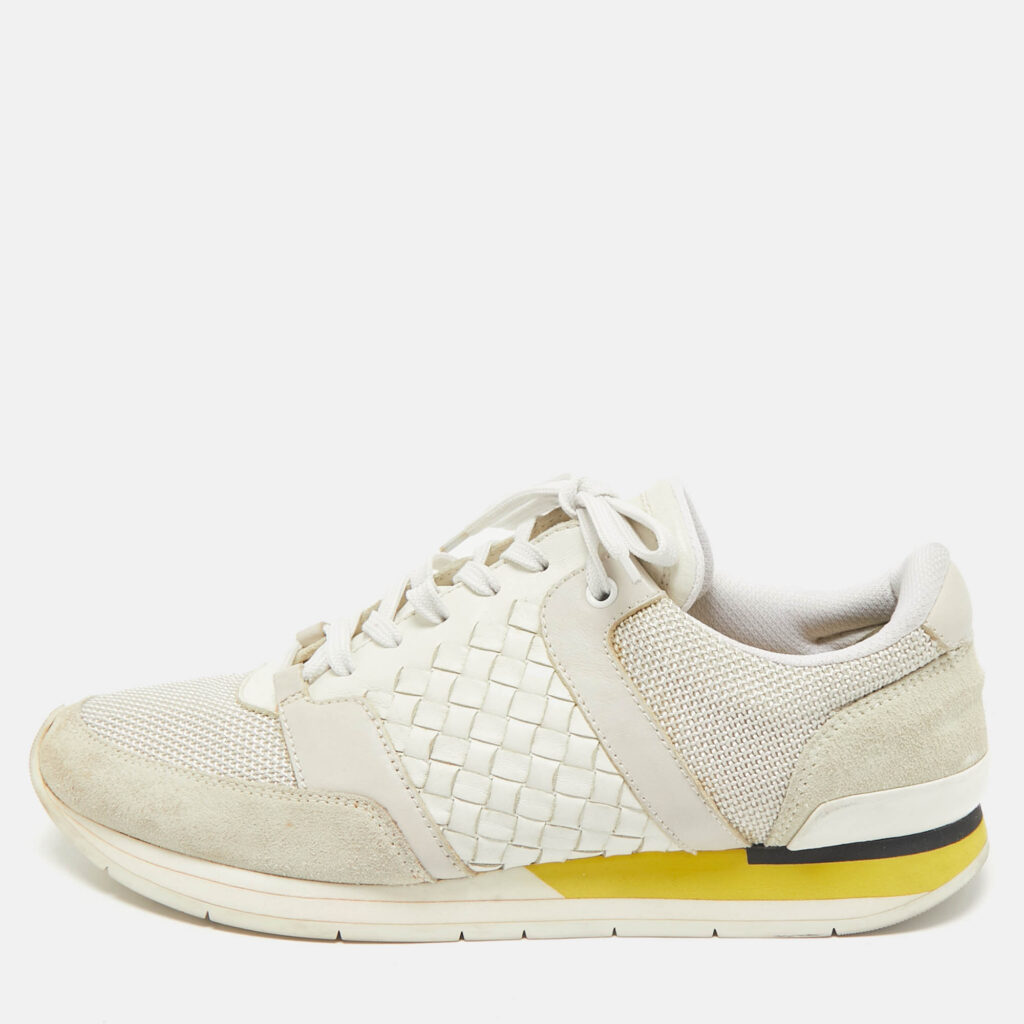 luxury-men-bottega-veneta-used-shoes-p1162217-010.jpg Bottega Veneta Cream/Grey Intrecciato Leather and Suede Lace Up Sneakers Size 42