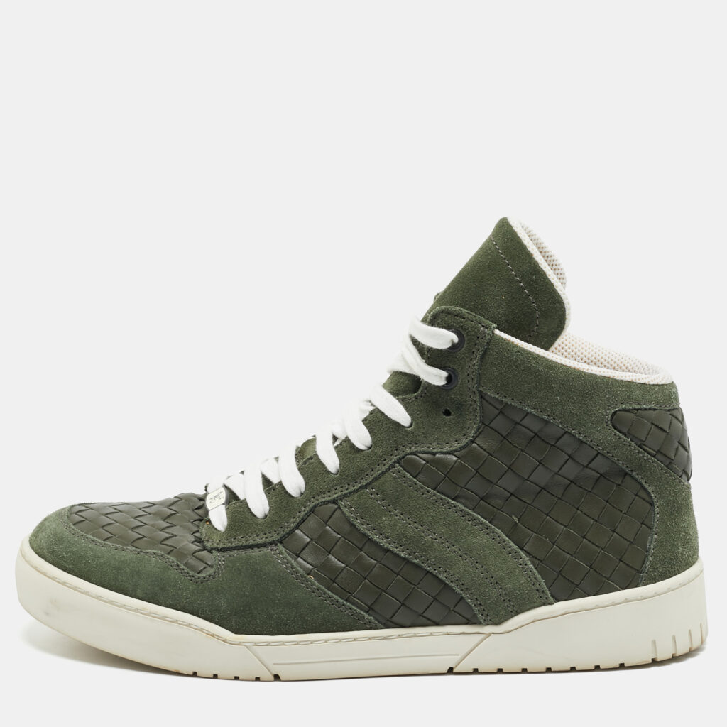 luxury-men-bottega-veneta-used-shoes-p1165898-001 Bottega Veneta Olive Green Suede and Intrecciato Leather High Top Sneakers Size 42