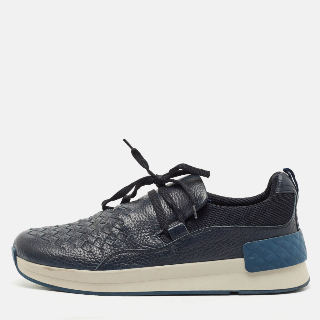 luxury-men-bottega-veneta-used-shoes-p1166057-010 Bottega Veneta Navy Blue Leather and Fabric Intrecciato Lace Up Sneakers Size 42