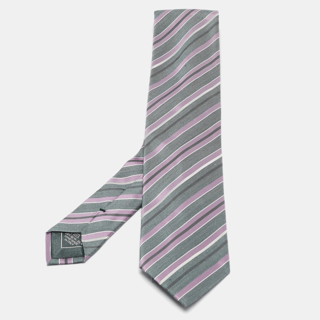 luxury-men-brioni-used-accessories-p1105709-001 Brioni Grey/Purple Diagonal Striped Silk Classic Tie