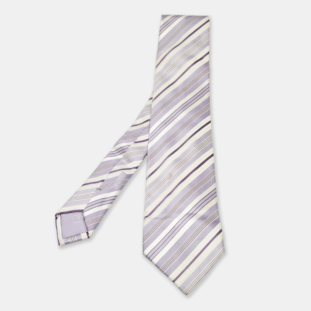 luxury-men-brioni-used-accessories-p1167234-001 Brioni Purple/White Diagonal Striped Silk Tie