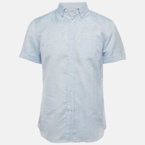 Brunello Cucinelli Light Blue Patterned Linen Blend Half Sleeve Shirt L