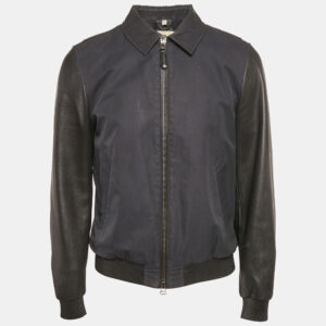 Burberry Navy Blue Cotton & Black Leather Zip Front Jacket M