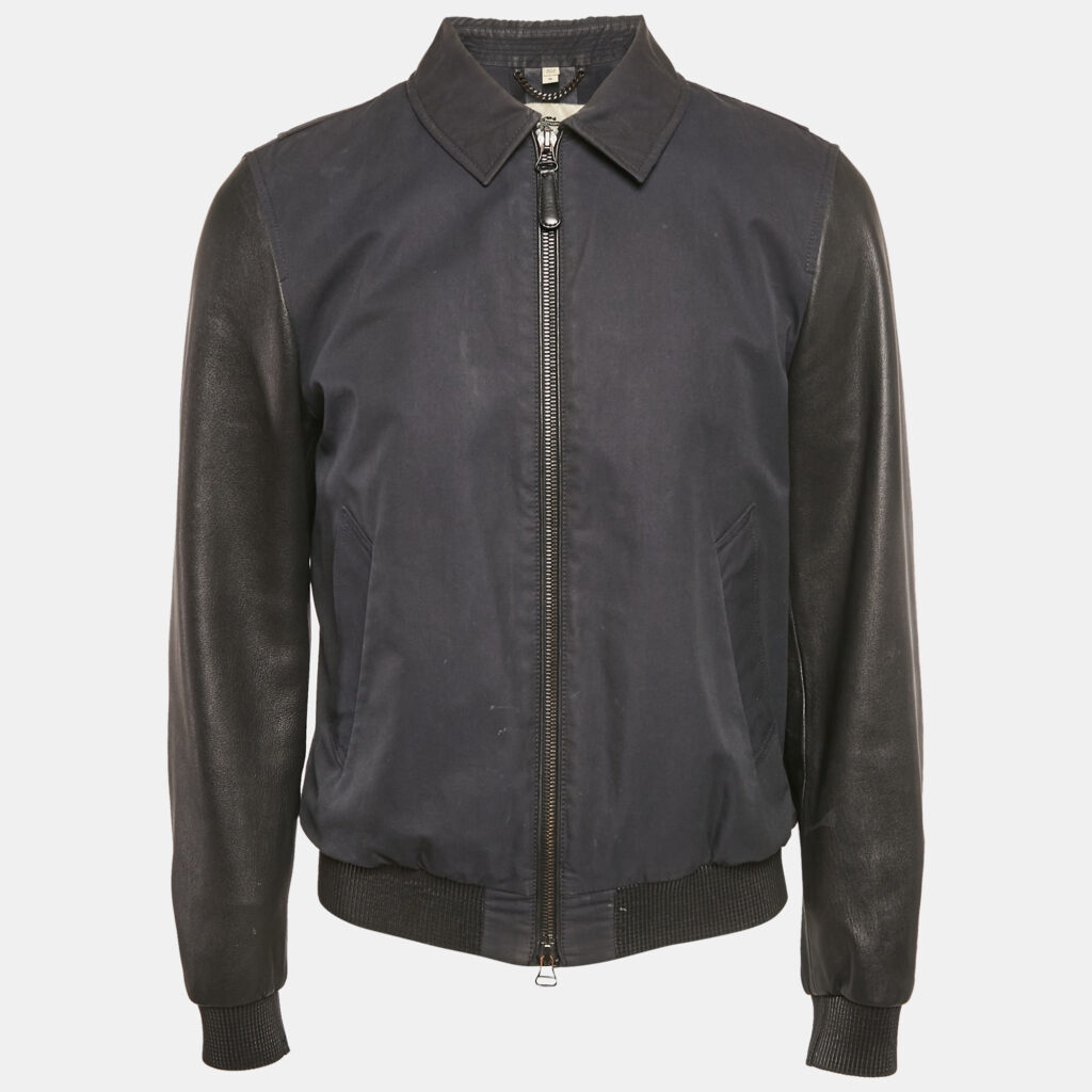 luxury-men-burberry-used-clothes-p1148854-005 Burberry Navy Blue Cotton & Black Leather Zip Front Jacket M