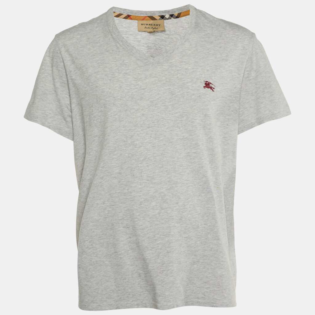 Burberry Grey Cotton V-Neck T-Shirt XXL