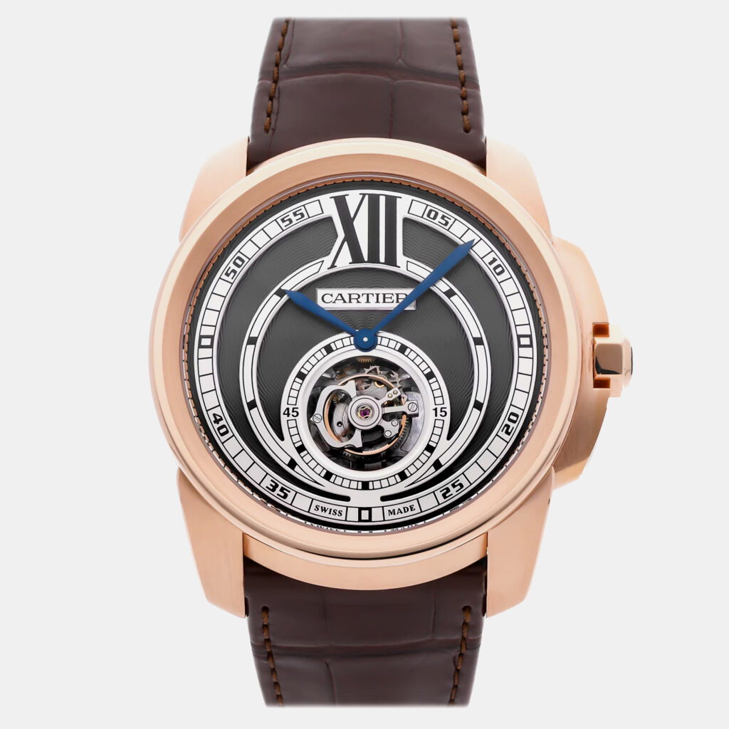 luxury-men-cartier-used-watches-p1152396-005 Cartier Calibre De Cartier Flying Tourbillon W7100002 Manual Winding 18KT Rose Gold Silver Dial Men's Wristwatch 45mm