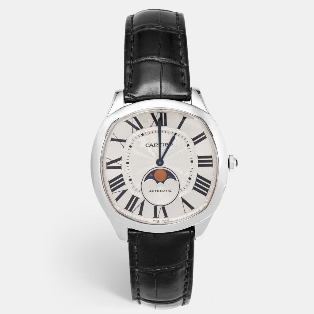 luxury-men-cartier-used-watches-p1153441-001 Cartier Silver Stainless Steel Alligator Leather Drive De Cartier Moon Phase WSNM0008 Men's Wristwatch 41 mm