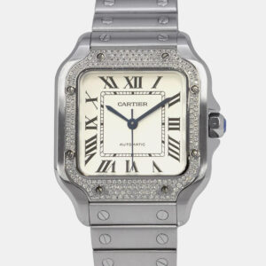 Cartier White Stainless Steel Diamond Santos W4SA0005 Men's Wristwatch 35mm