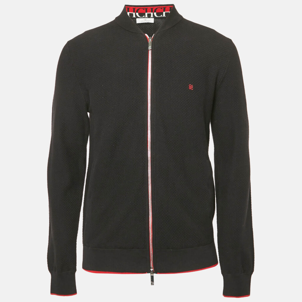 CH Carolina Herrera Black Combed Cotton Zip-Up Cardigan M