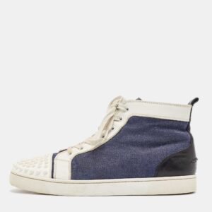 Christian Louboutin White/Blue Leather Lou Degra Spike High Top Sneakers Size 43.5
