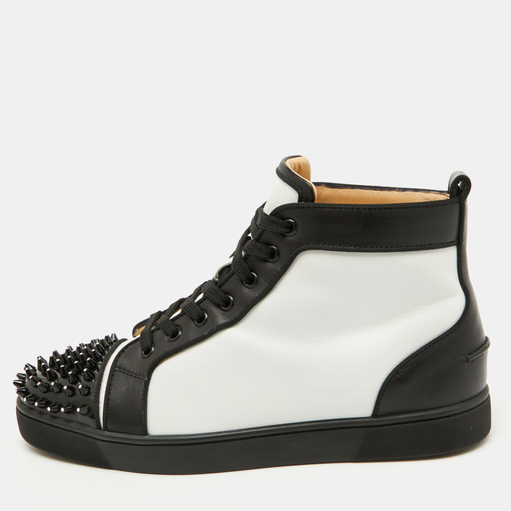 luxury-men-christian-louboutin-used-shoes-p1121762-006 Christian Louboutin White/Black Leather Lou Crystal Embellished Spikes Orlato Sneakers Size 42